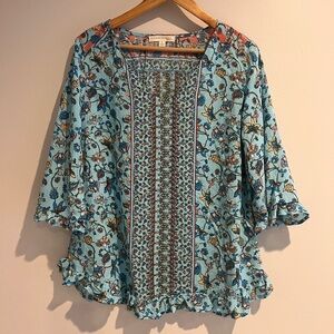 Farmers Market by Oneworld Peasant Top Large Boho Aqua Turquoise Indian Print